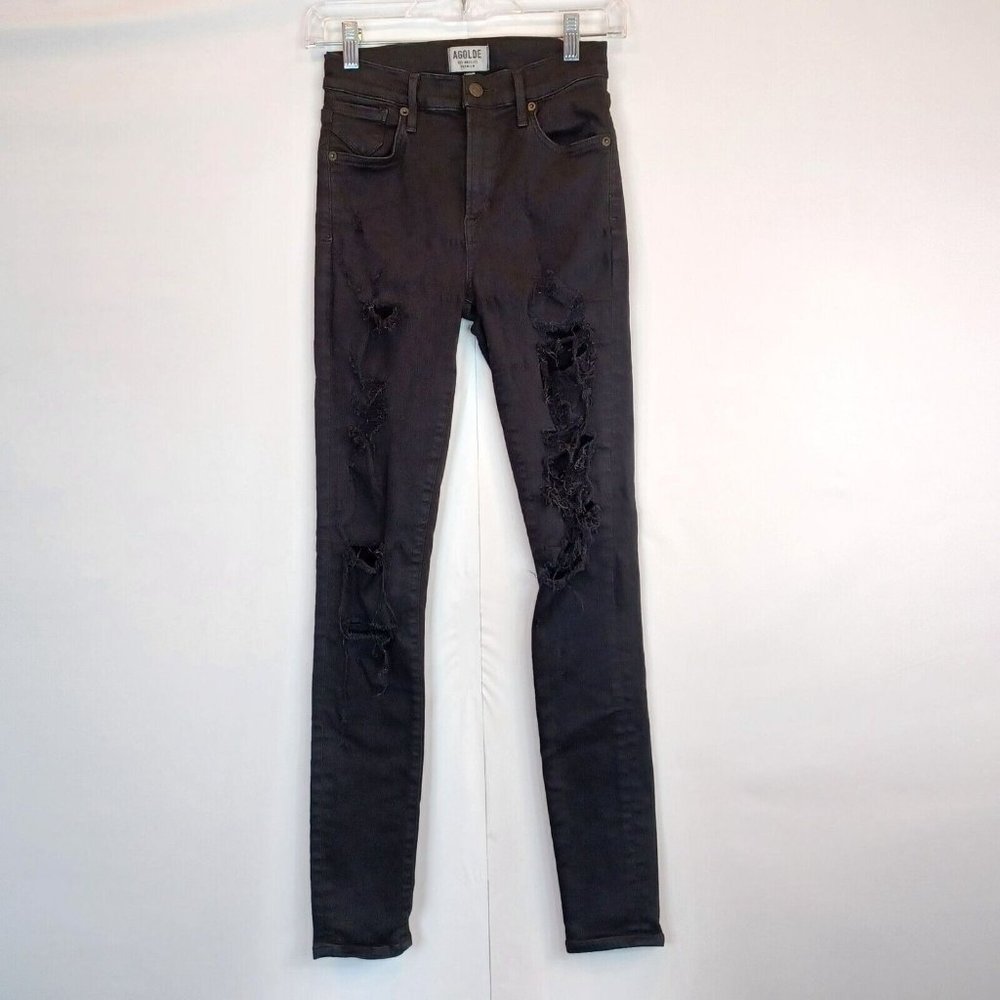 AGOLDE Sz 25 Black High Rise Skinny Jeans Ripped Stretch Denim Distressed Grunge - Picture 5 of 12